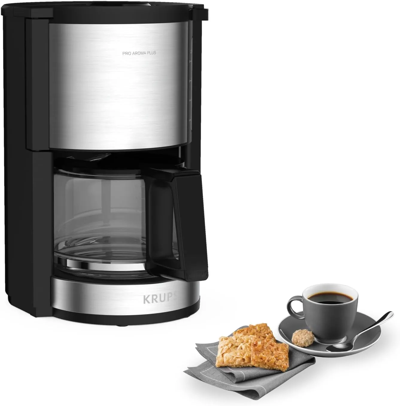 Bild von Krups KM3210 Pro Aroma Plus Filterkaffeemaschine für 10 Tassen mit 1,25 Litern und Warmhaltefunktion in Schwarz mit Edelstahlapplikationen