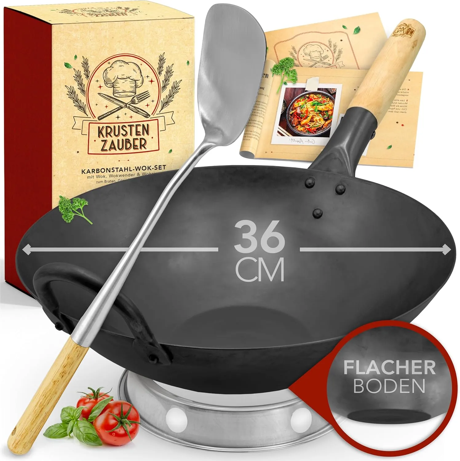 Bild von Krustenzauber Wokpfanne mit 36 cm aus Karbonstahl, induktionsgeeignet, inklusive Wokwender und Wokring