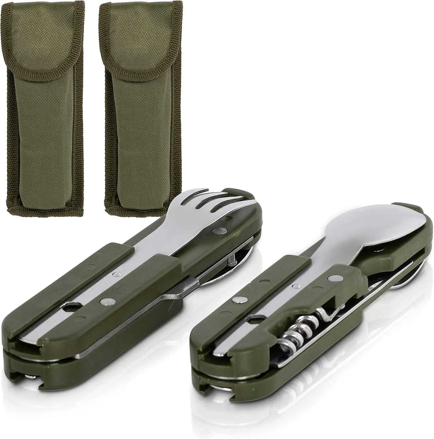 Bild von KS-11 Campingbesteck Set aus Edelstahl mit 6 Teilen in grün und silber, 2 Stück