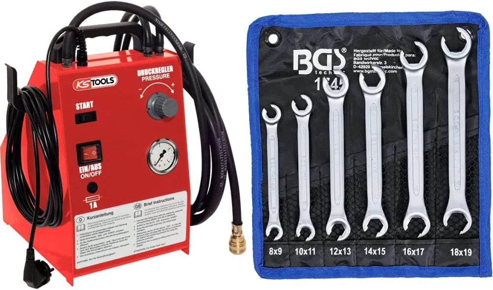 Bild von KS Tools Bremsenwartungsgerät KS5 mit 5 Litern und BGS 1745 6-teiligem Ringschlüssel-Satz in Tetron-Rolltasche