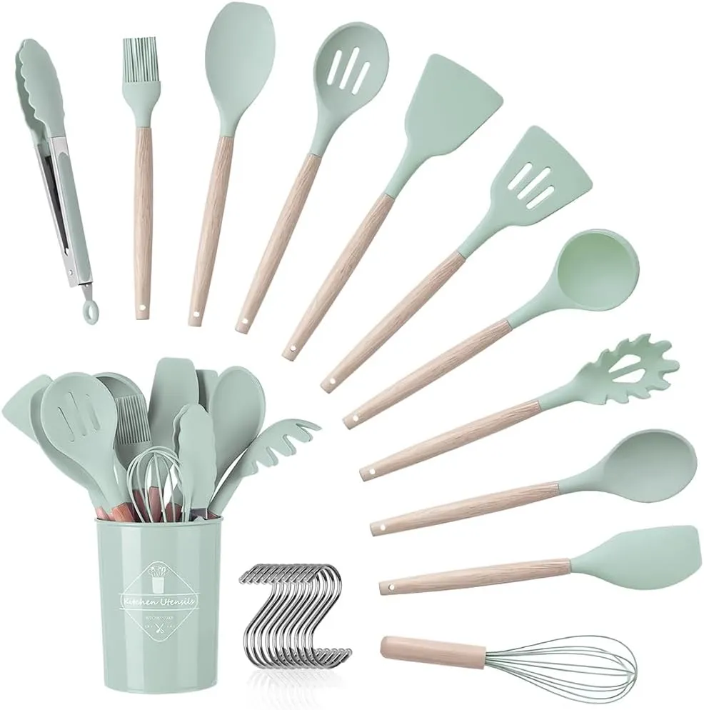 Bild von Küchenhelfer Set 12-teilig mit Besteckbox aus Silikon und Holzgriffen, hitzebeständig und spülmaschinenfest