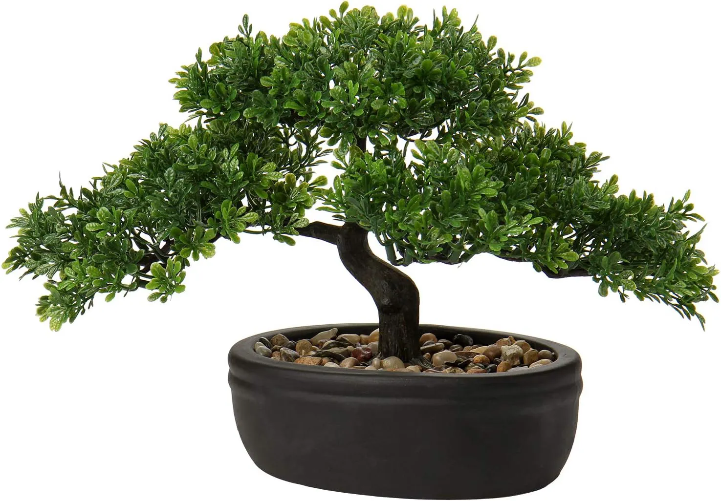 Bild von Kunstbonsai Zeder mit Keramikübertopf in Schwarz für Dekoration im Büro oder Zuhause