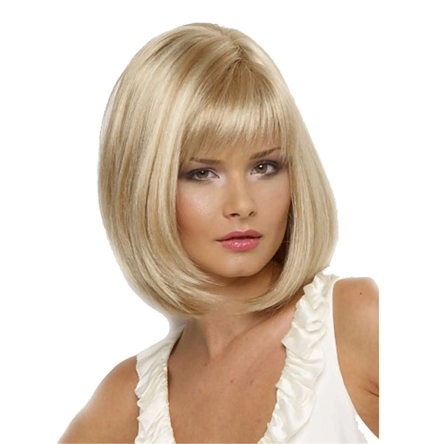 Bild von Kurze blonde Perücke für Frauen aus synthetischem Haar mit geradem Schnitt und Pony für den täglichen Gebrauch