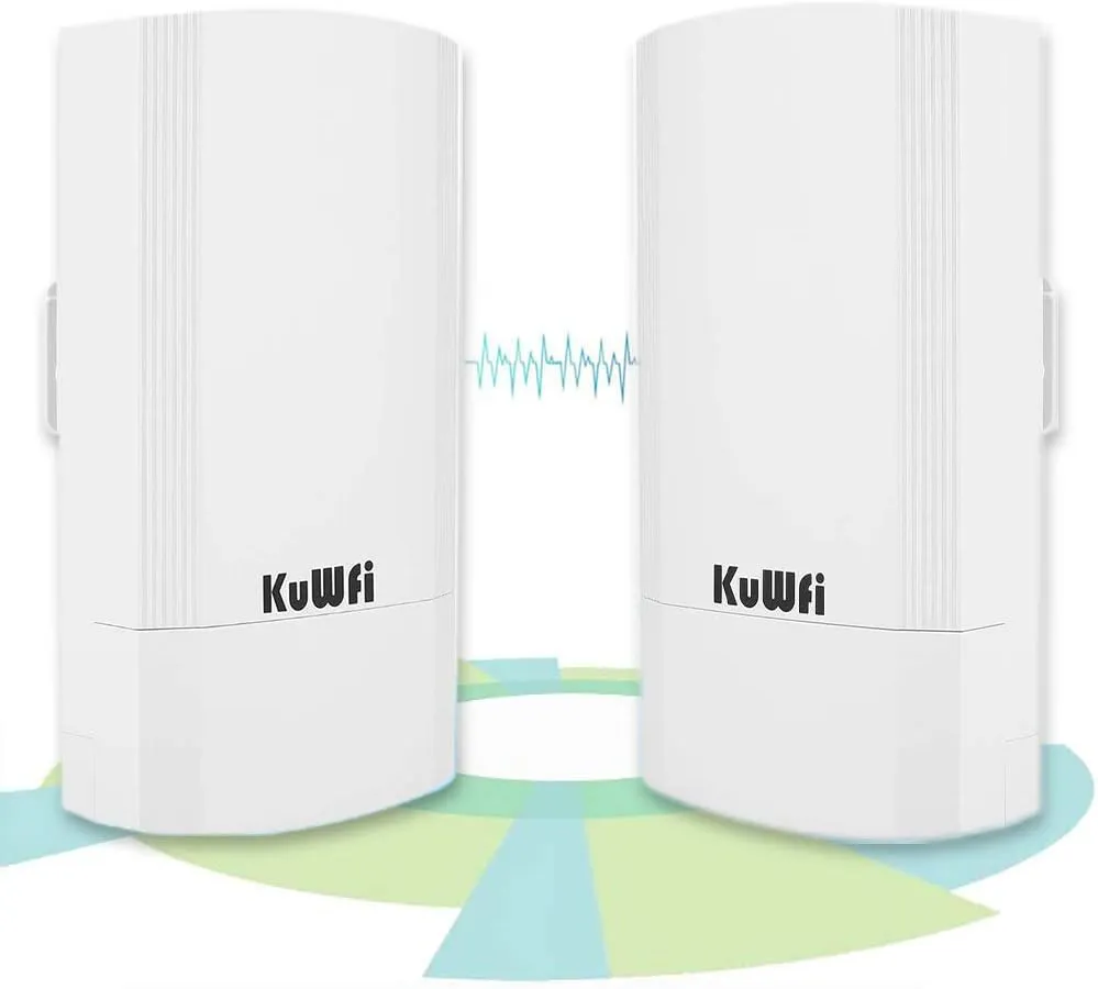Bild von KuWFi CPE200 Outdoor WLAN Bridge mit 5.8G Point-to-Point Technologie, 900Mbps für bis zu 2 km, inklusive 2 RJ45 Ethernet Ports und PoE Adapter, im 2er Pack