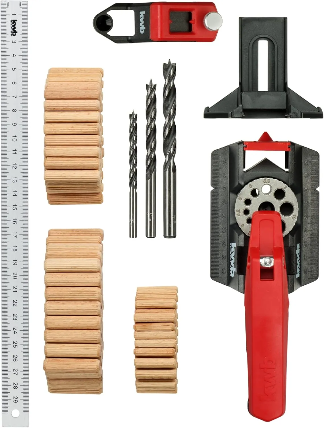 Bild von kwb Dübelhilfe Set mit 153 Teilen, inklusive 50 Dübel und Bohrer in 6, 8 und 10 mm für gerade Bohrlöcher in Holz und Metall