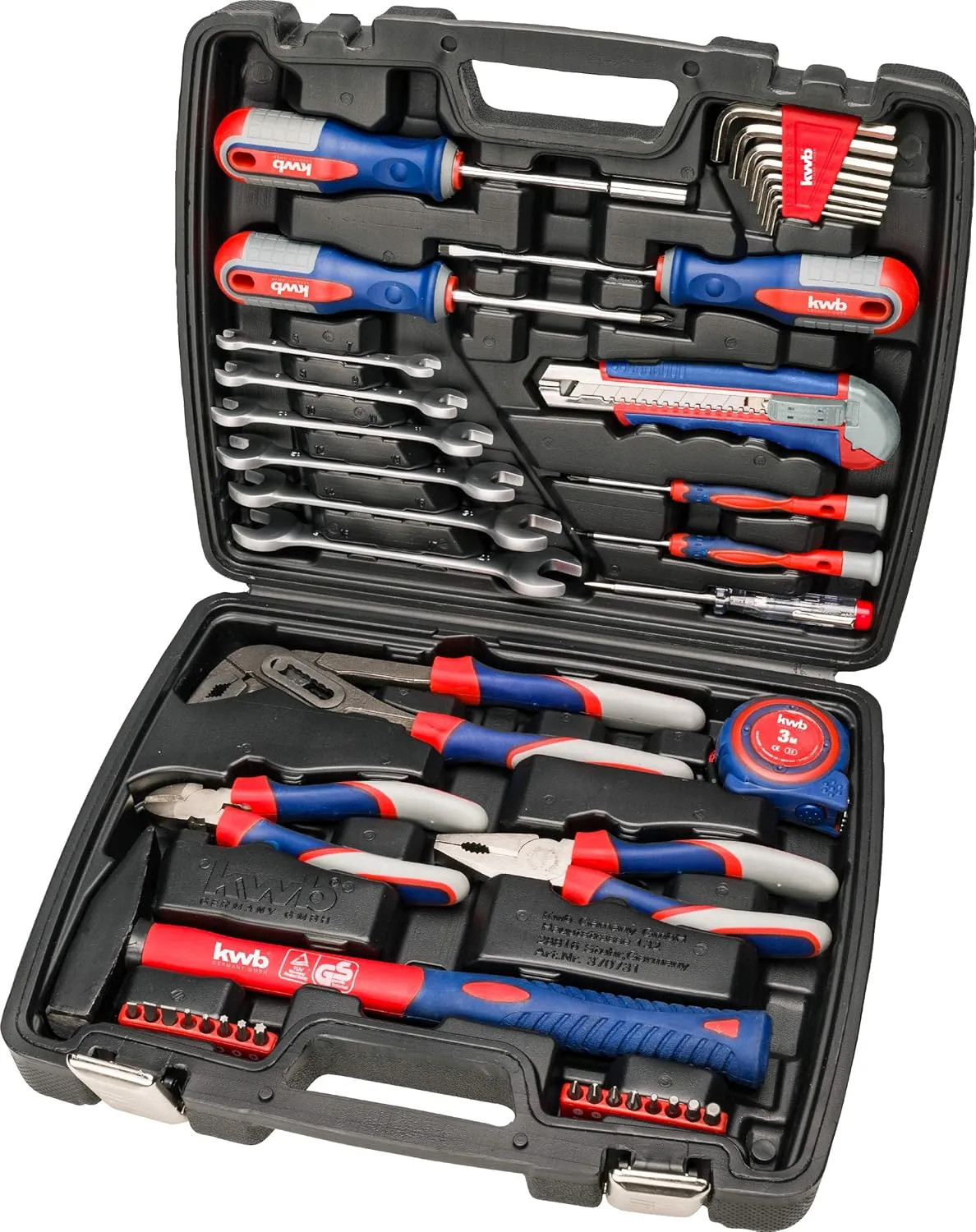 Bild von kwb Werkzeugkoffer 42-teilig mit Schrauber-Bits, robust und hochwertig, ideal für Haushalt und Garage, GS-geprüft, praktischer Kunststoffkoffer in Rot, Blau und Grau