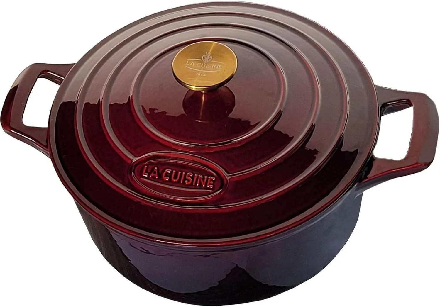 Bild von La Cuisine Gusseisentopf mit 28 cm Durchmesser und 6,5 Litern, emaillierte matte Innenseite, vergoldeter Deckelgriff, in Cranberry, ofenfest und induktionsgeeignet
