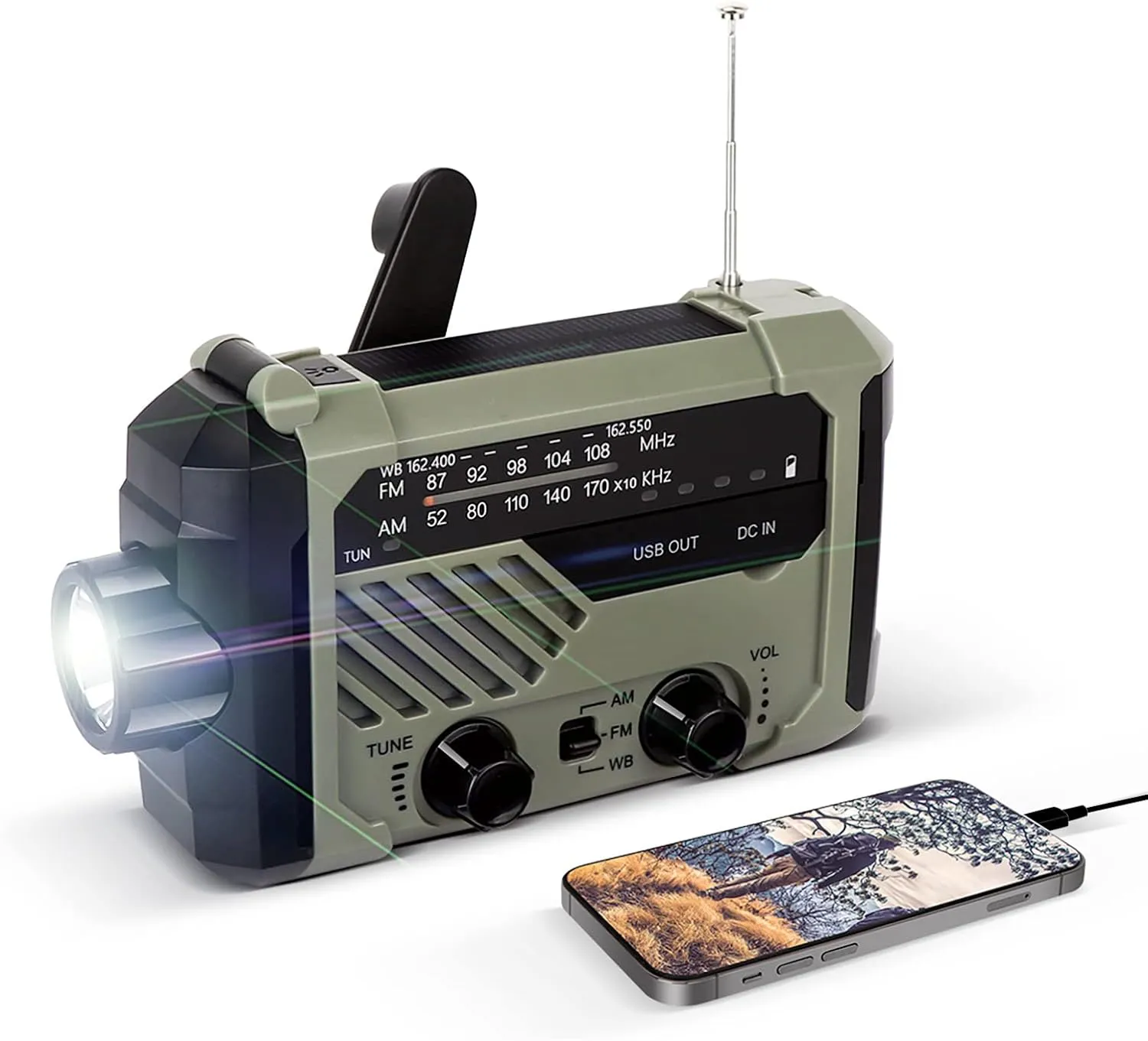 Bild von LAMA Solar Radio mit AM/FM, Kurbel und 2000mAh Powerbank, aufladbar mit USB, LED Lampe und SOS Alarm für Outdoor und Camping