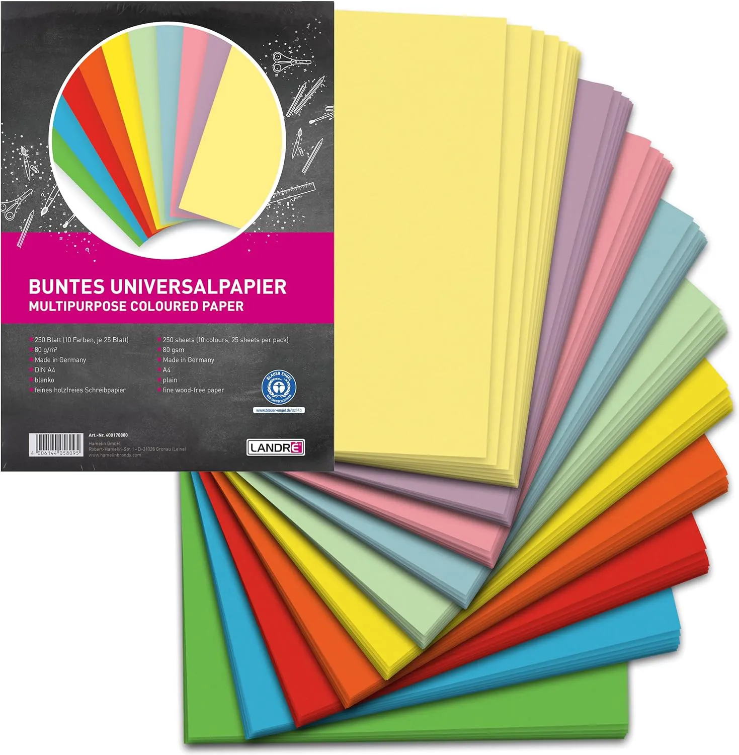 Bild von Landré Universalpapier A4 mit 250 Blatt in 10 Farben und 80 g/m²