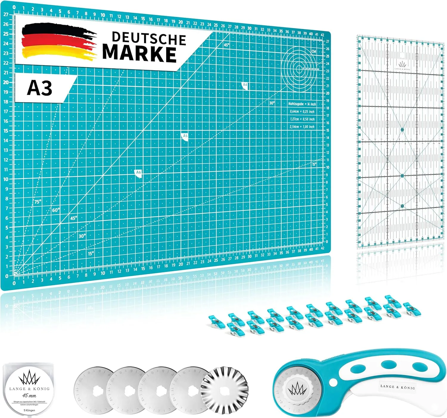 Bild von Lange & König A3 Schneidematte Set mit Rollschneider, Schneideunterlage, Patchwork-Lineal, Nähklammern und Klingen