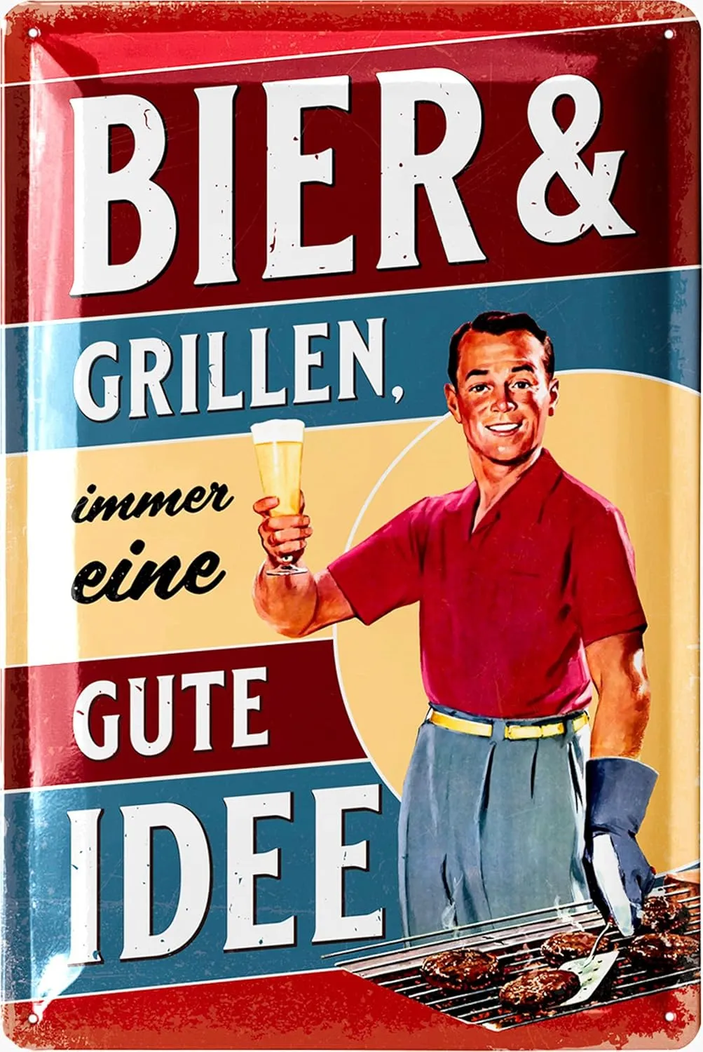 Bild von LANOLU Retro Blechschild mit dem Spruch Bier und Grillen immer eine gute Idee, 20x30 cm für den Garten oder die Grillplatz Dekoration
