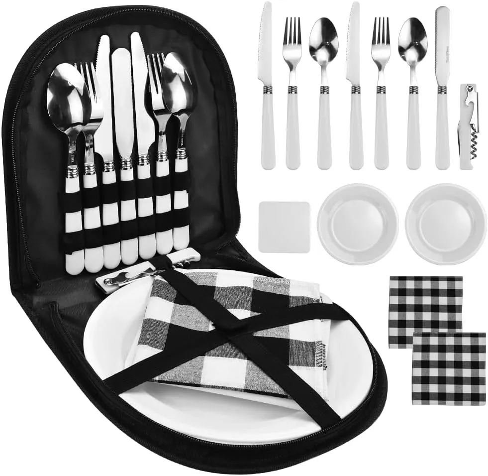 Bild von LANSKYLAN 13-teiliges Campingbesteck Set für 2 Personen mit Edelstahlgeschirr und Picknicktasche