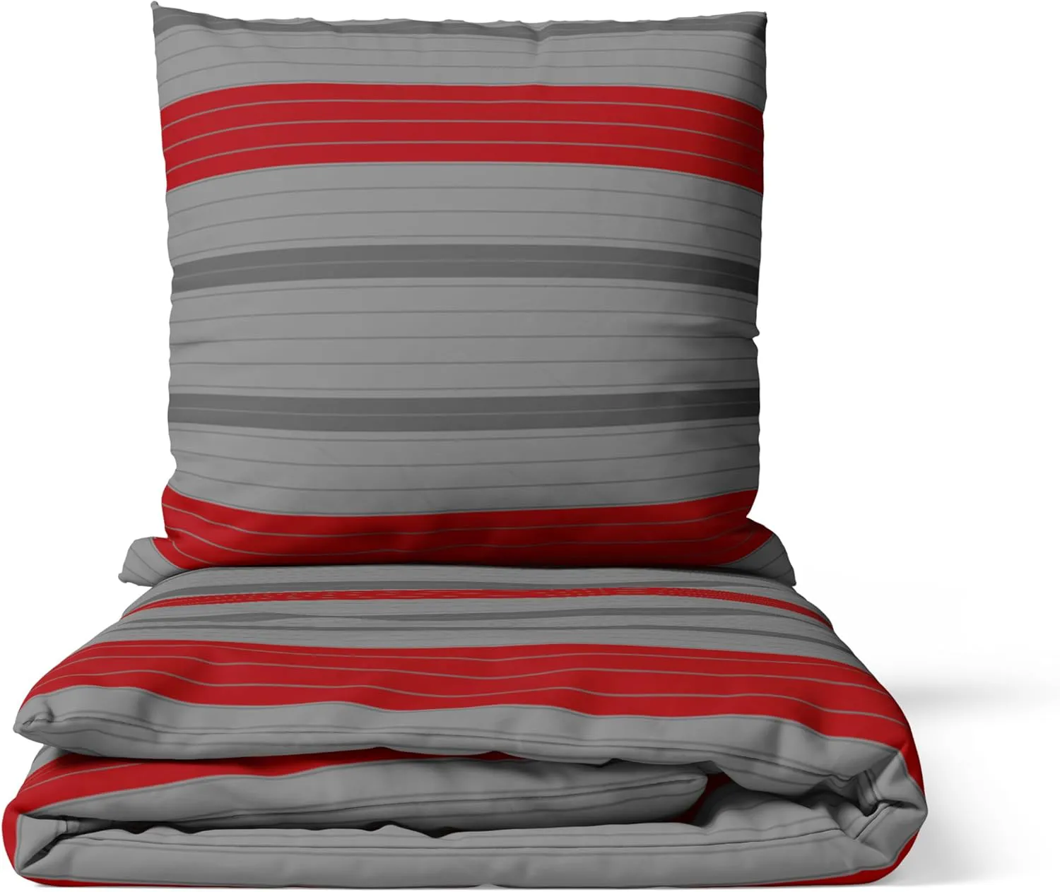 Bild von LARAWELL Bettwäsche Set 135x200 grau rot gestreift, hypoallergen und bügelfrei