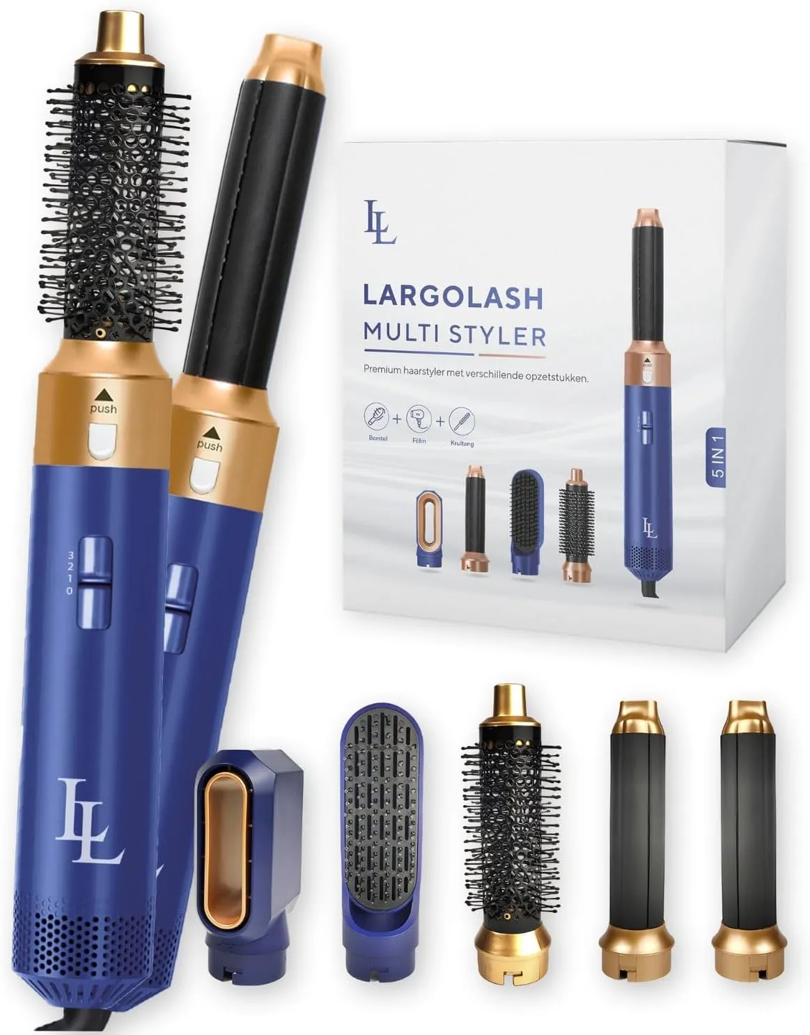 Bild von Largolash 5 in 1 Warmluftbürste Set mit 1000 Watt und Auto-Wrap-Lockenaufsatz in Navy