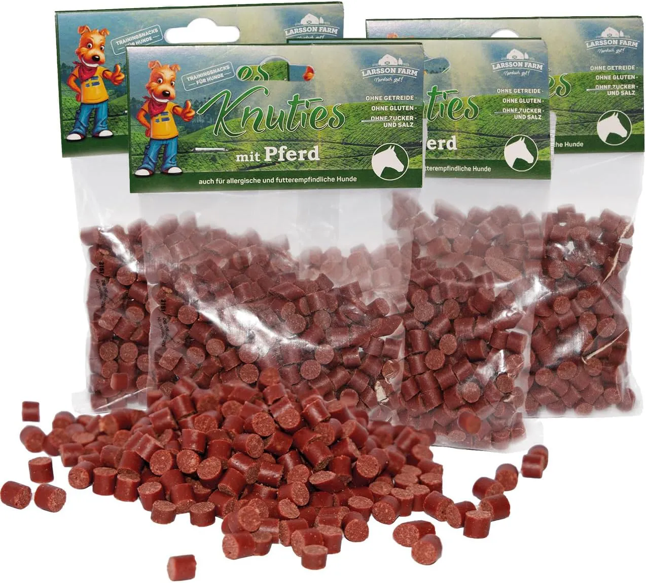 Bild von Larsson Hunde Leckerlis im 4er Set mit Kartoffel und Pferd, getreide- und glutenfrei, 4x150g Beutel