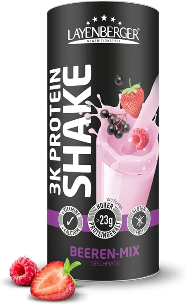 Bild von Layenberger 3K Protein Shake mit 78 Prozent Eiweiß, 4,4 Prozent Kohlenhydraten und 9 Gramm Zucker im Beeren-Mix, 360 Gramm