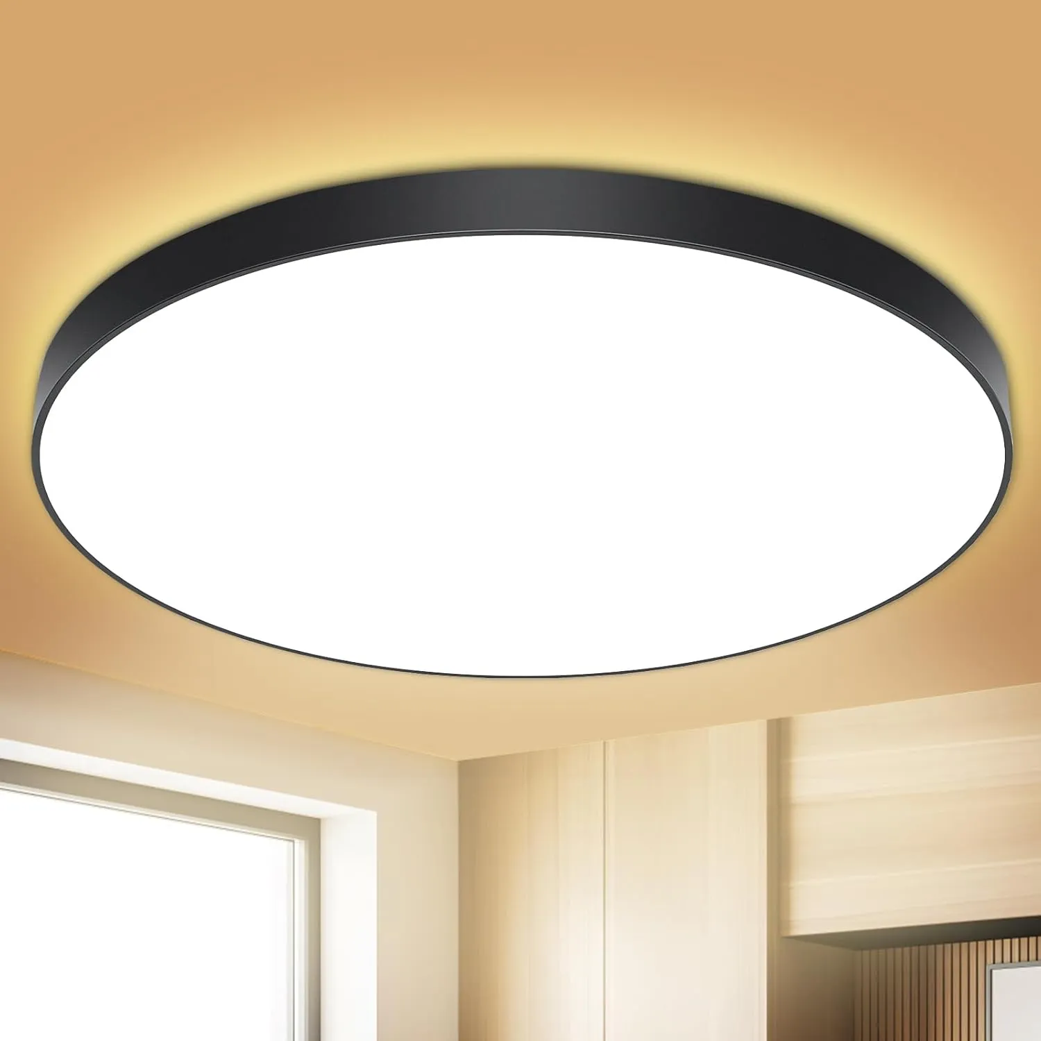 Bild von LED Deckenlampe rund mit 28 cm Durchmesser, 24 Watt, 3000K, 2000 Lumen, IP44 wasserfest, modern und schlicht, geeignet für Badezimmer, Balkon, Schlafzimmer, Wohnzimmer, Küche und Kinderzimmer in Schwarz