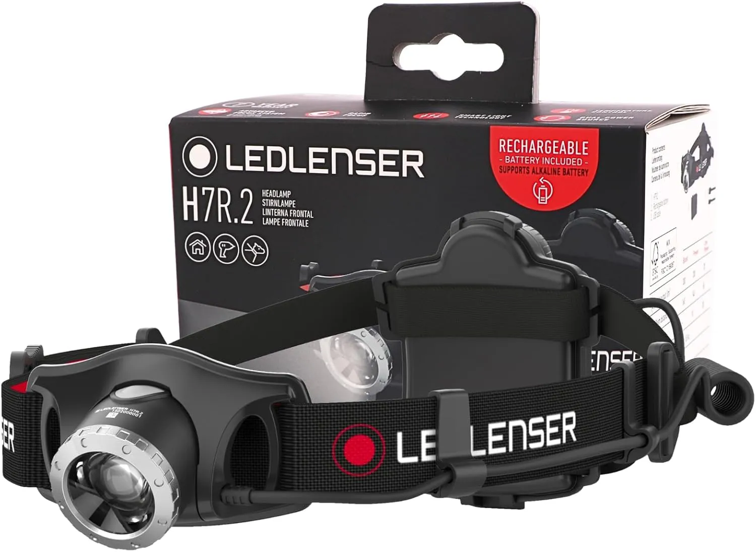 Bild von Ledlenser H7R.2 Stirnlampe mit 300 Lumen, aufladbarem Lithium Akku, fokussierbar, stufenlos dimmbar, Leuchtweite 160 Meter und rotem Rücklicht
