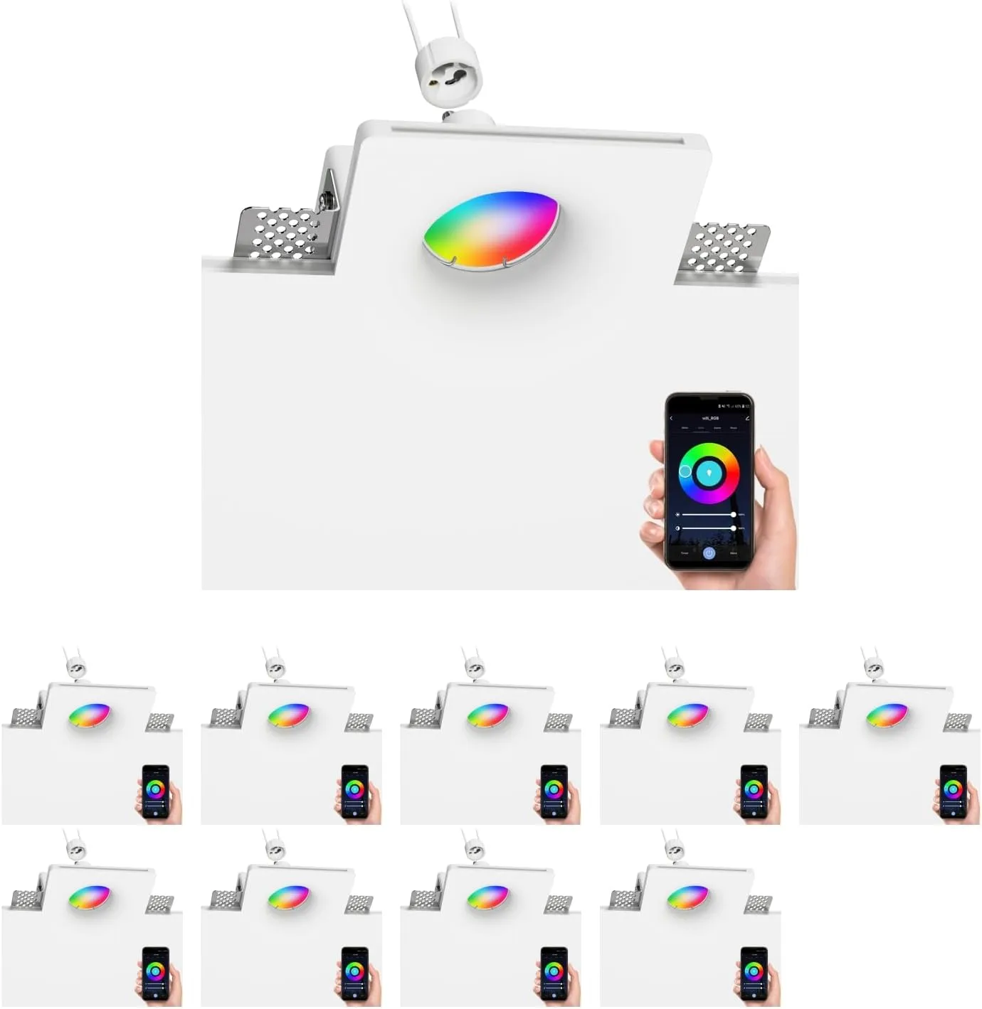 Bild von ledscom.de 10er Set LED Gips Einbaustrahler mit Smart Home RGBW GU10 Lampen, 5,41 Watt und 473 Lumen