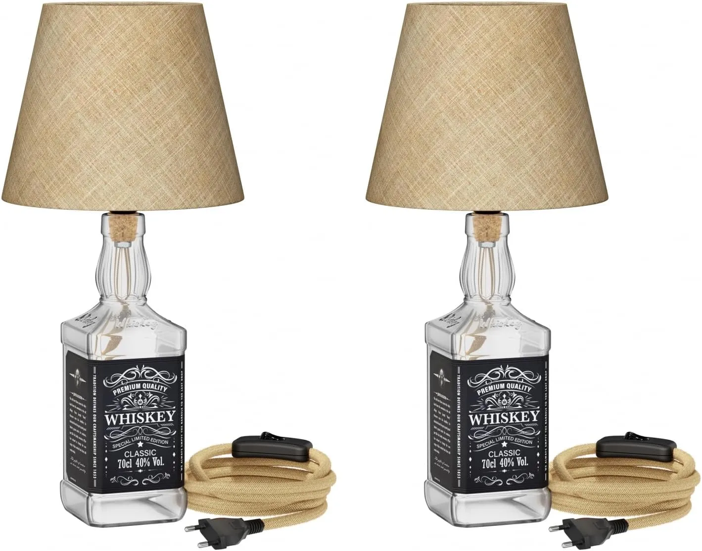 Bild von ledscom.de 2er Set Tischlampen Flako mit Hanfkabel und natur-beigem Lampenschirm, inklusive E27 Lampe mit 7 Watt und 1005 Lumen