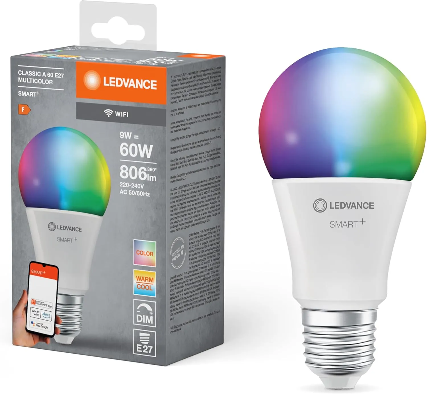 Bild von LEDVANCE E27 Smart Home LED Lampe mit 9 W, dimmbar, RGBW Lichtfarbe und 806 Lumen, kompatibel mit Alexa und Google