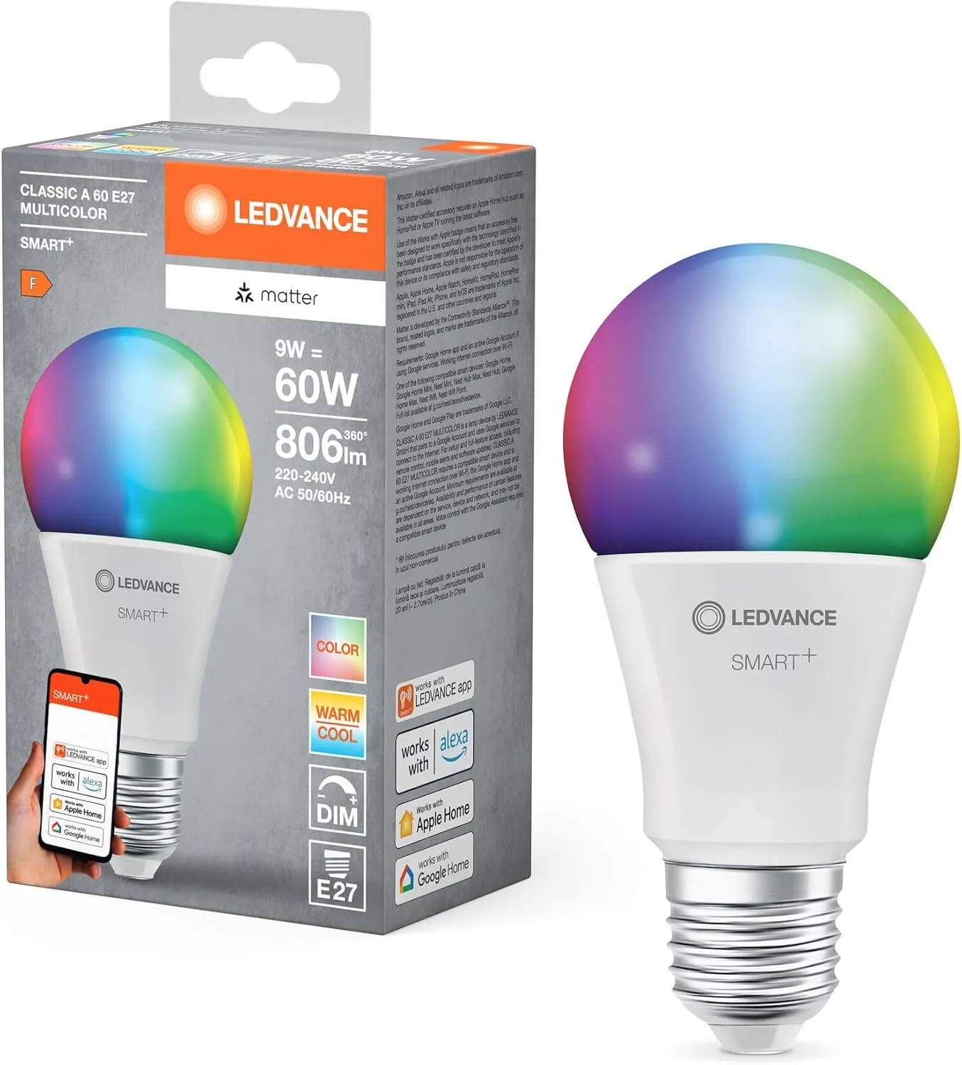 Bild von LEDVANCE SMART+ MATTER LED-Lampe mit E27 Sockel, 9 Watt, 806 Lumen, App- und Sprachsteuerung, kompatibel mit Google, Alexa und Apple