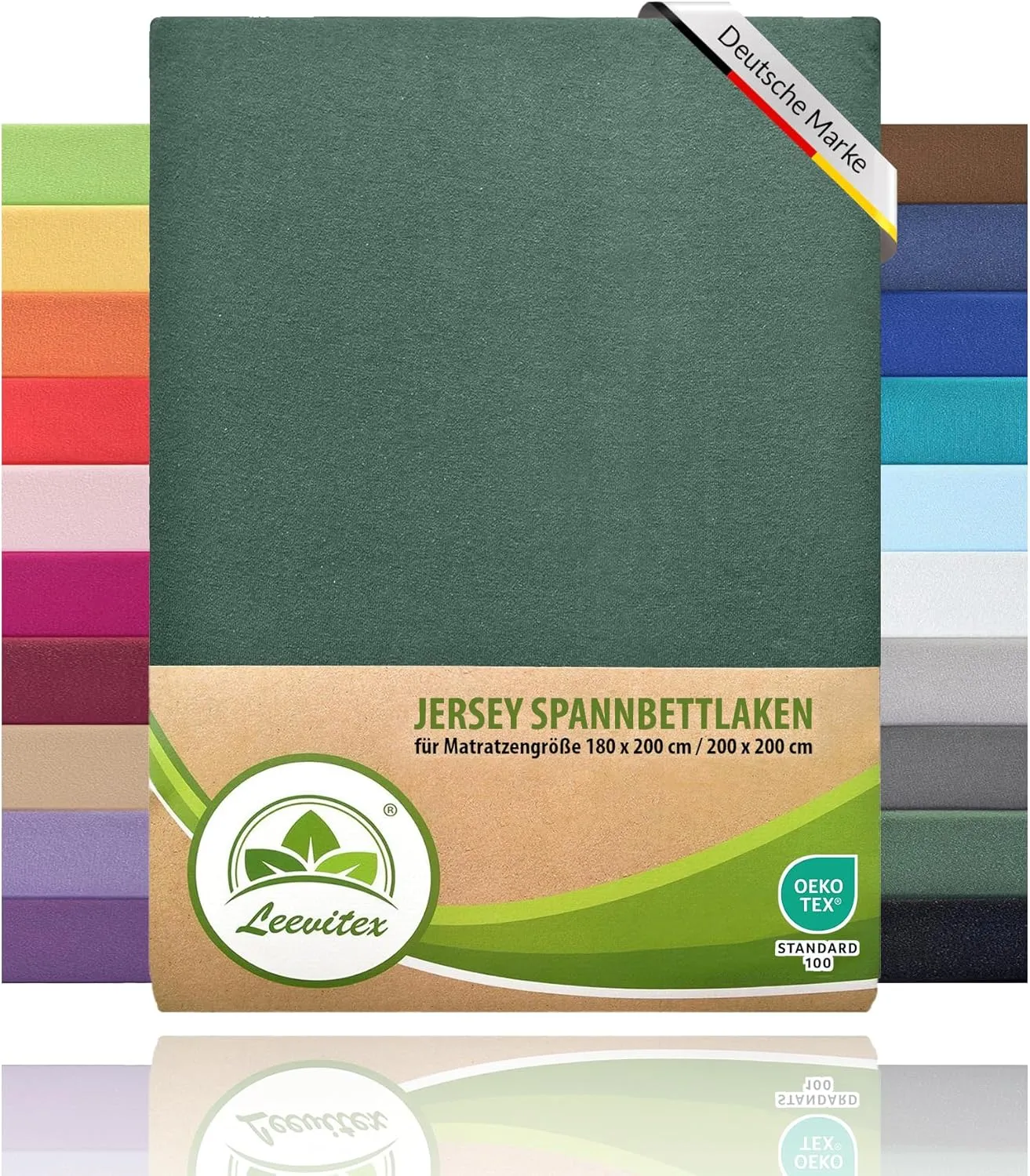 Bild von leevitex Spannbettlaken in Dunkelgrün für Matratzen bis 25 cm, 180x200 cm und 200x200 cm aus 100% Jersey Baumwolle mit Ökotex Zertifizierung
