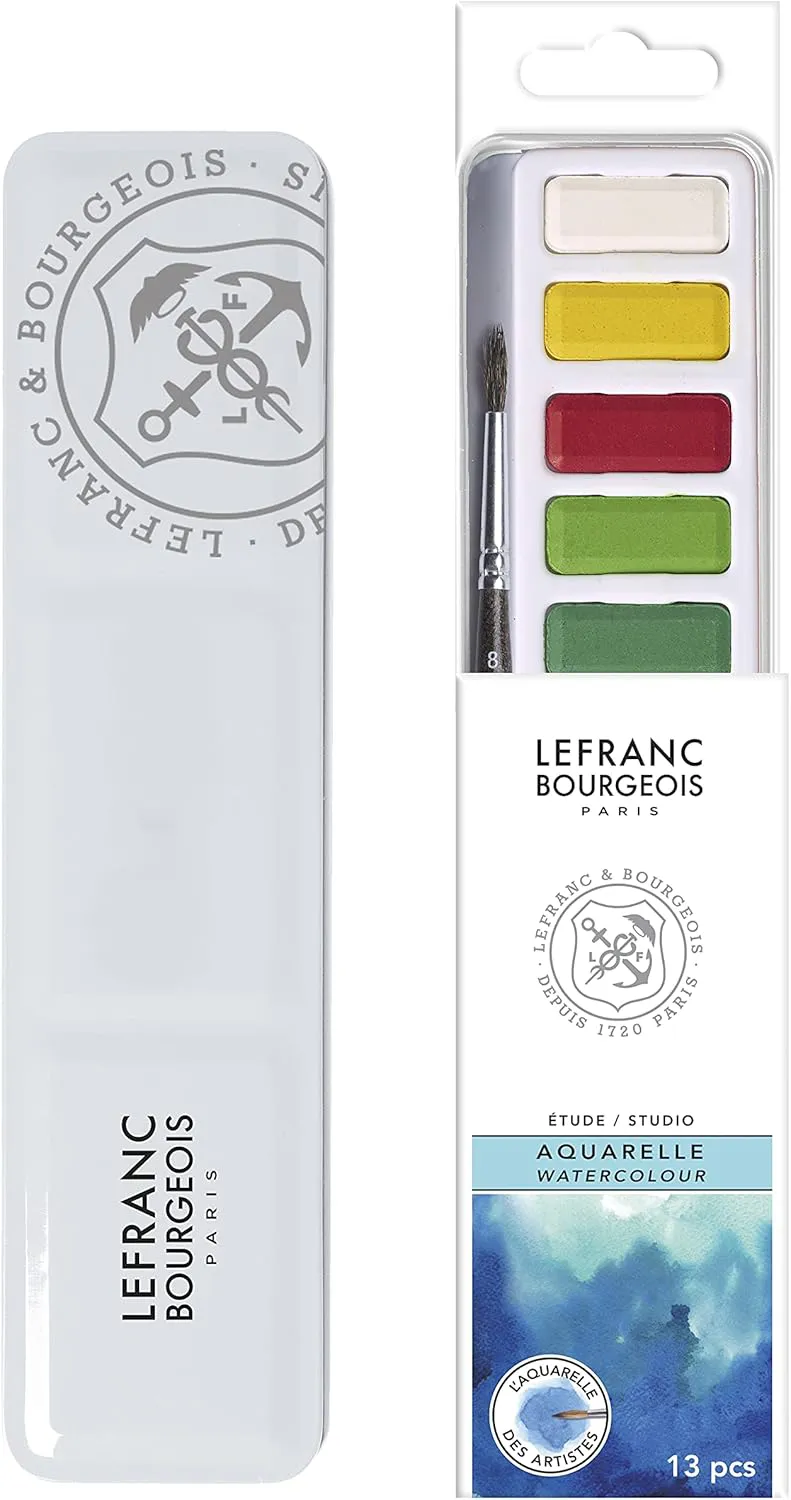 Bild von Lefranc & Bourgeois Aquarell Set 301444 mit 12 kräftigen Farben und einem Rundpinsel Nr. 8