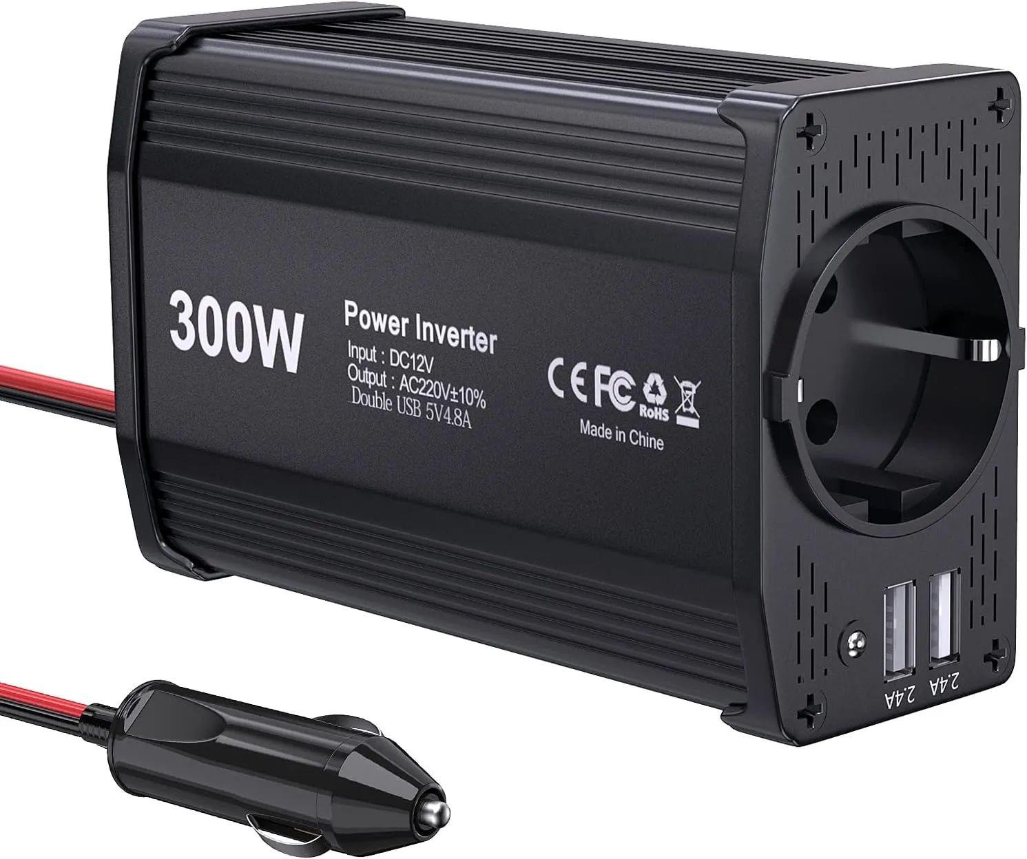 Bild von LEICESTERCN 300W KFZ Wechselrichter mit EU Steckdose und 2 USB Anschlüssen für 12V auf 230V