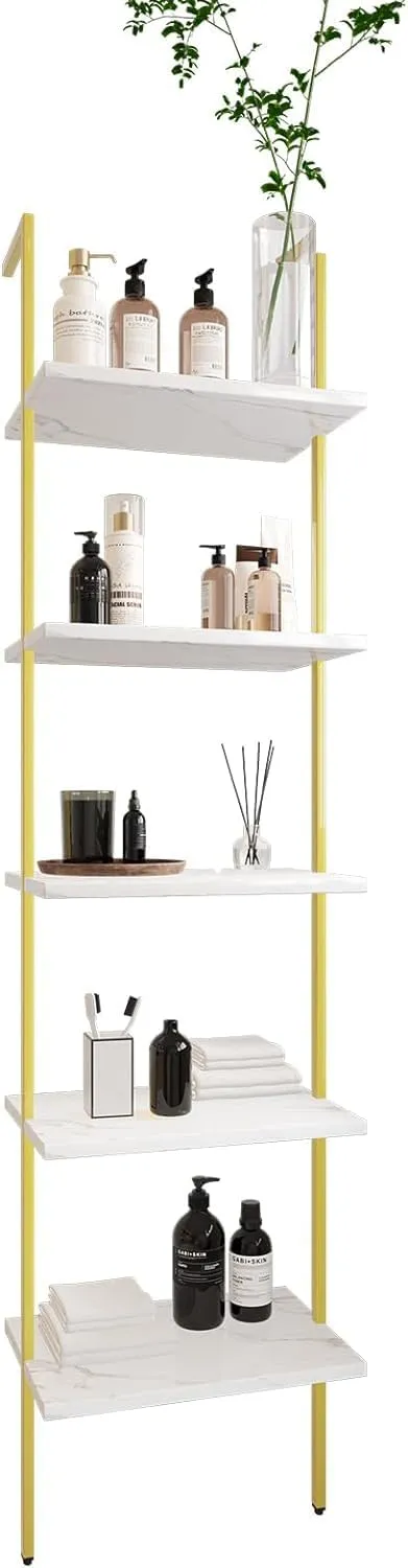 Bild von Leiterregal mit Metallrahmen in Weiß und Gold, 5 Ebenen, 40 x 30 x 183 cm, für Wohnzimmer, Schlafzimmer, Büro und Badezimmer