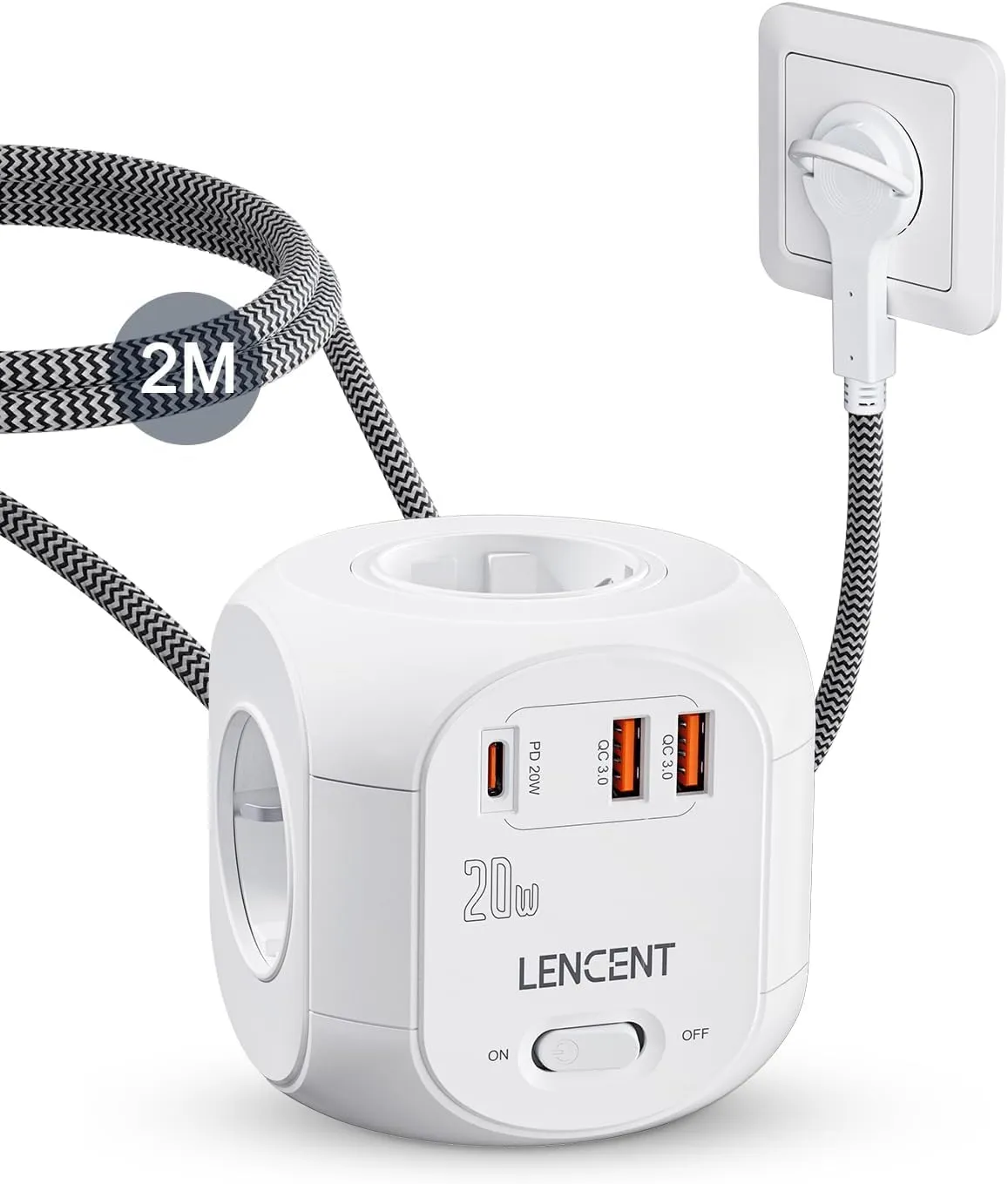 Bild von LENCENT Steckdosenleiste mit 4 Anschlüssen und 2 Meter Kabel, 7 in 1 Cube mit 2 USB 3.0 und 1 PD 20W