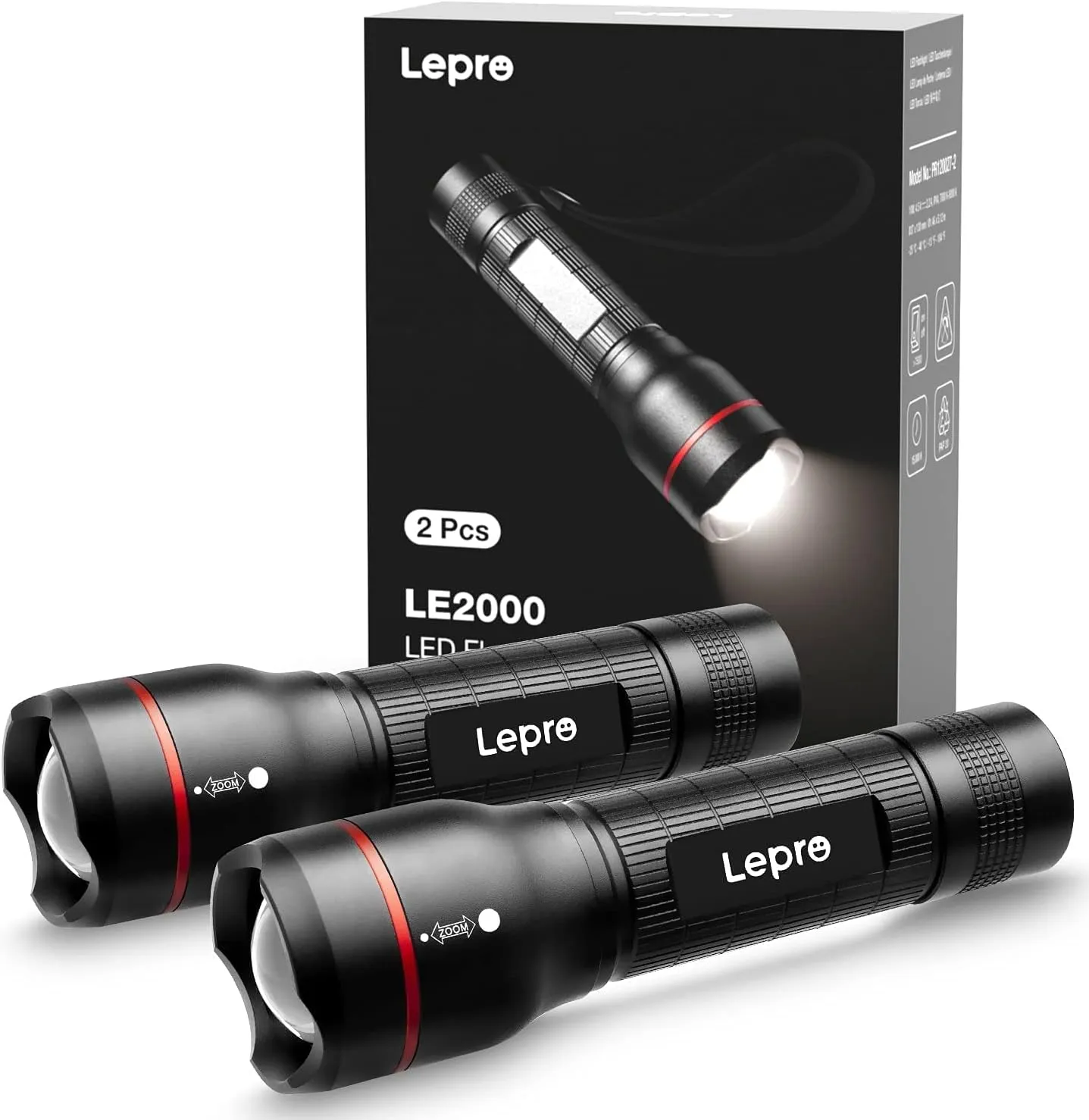Bild von Lepro LE2000 LED Taschenlampe Set mit 2 Stück, extrem hell, 5 Modi, zoombar und wasserdicht für Camping und Outdoor-Aktivitäten