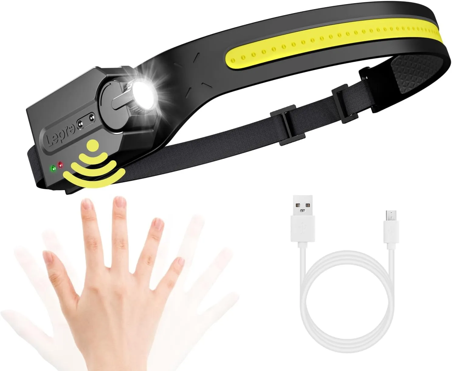 Bild von Lepro Stirnlampe mit 350 Lumen, 5 Modi und Bewegungsmelder, wiederaufladbar mit 1200mAh Akku, IP44, ideal für Outdoor-Aktivitäten