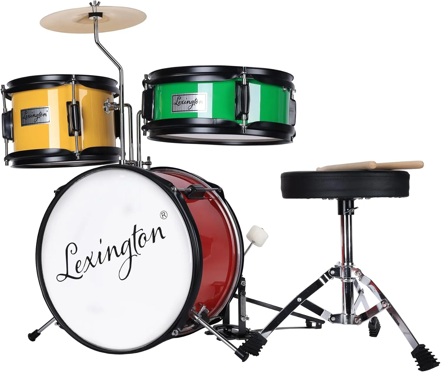 Bild von Lexington Kinderschlagzeug Set mit 3 Teilen in Rot, Gelb und Grün, inklusive Snare, Tom, Bass Drum, Pedal, Thron, Becken und Drumsticks