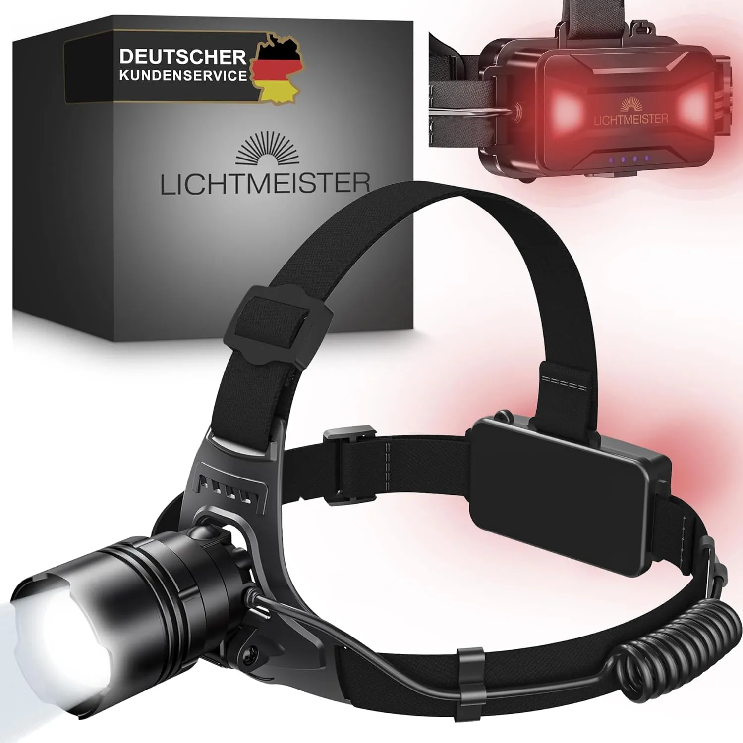 Bild von LICHTMEISTER Stirnlampe mit 2500 Lumen und 8000 mAh Akku, wiederaufladbar und extrem hell