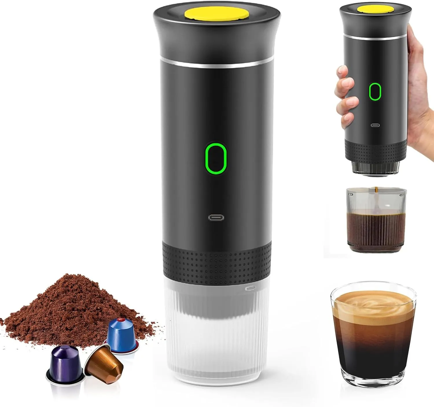 Bild von Lifellery tragbare Akku Kaffeemaschine für Auto mit USB-C und Selbstheizung, ideal für Camping und Reisen in Schwarz