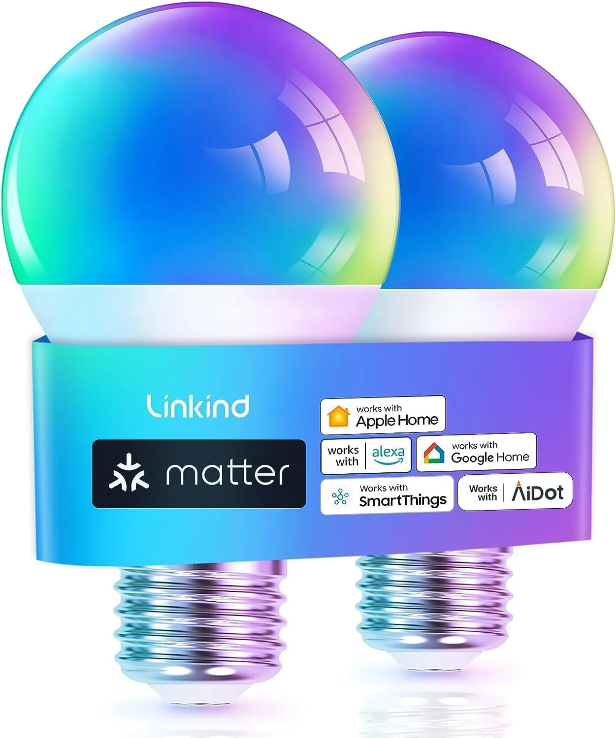 Bild von Linkind Matter Smart RGBTW Glühbirne E27 im 2er Set mit 16 Millionen Farben und Musik-Synchronisation, kompatibel mit Alexa, Apple Home, SmartThings und Google Home