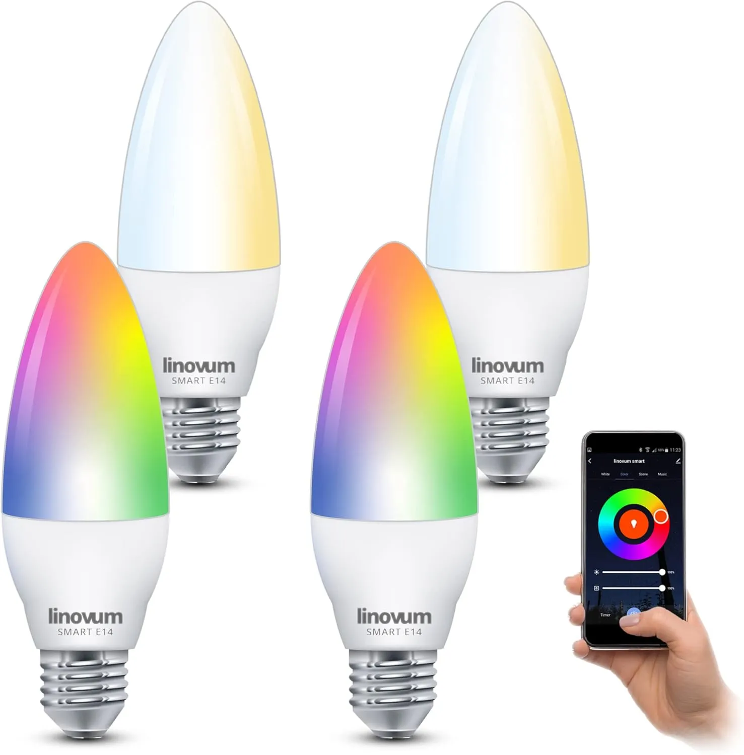 Bild von Linovum 4er Set Smart LED E14 Lampen mit RGB, WLAN und Sprachsteuerung für Alexa und Google Home