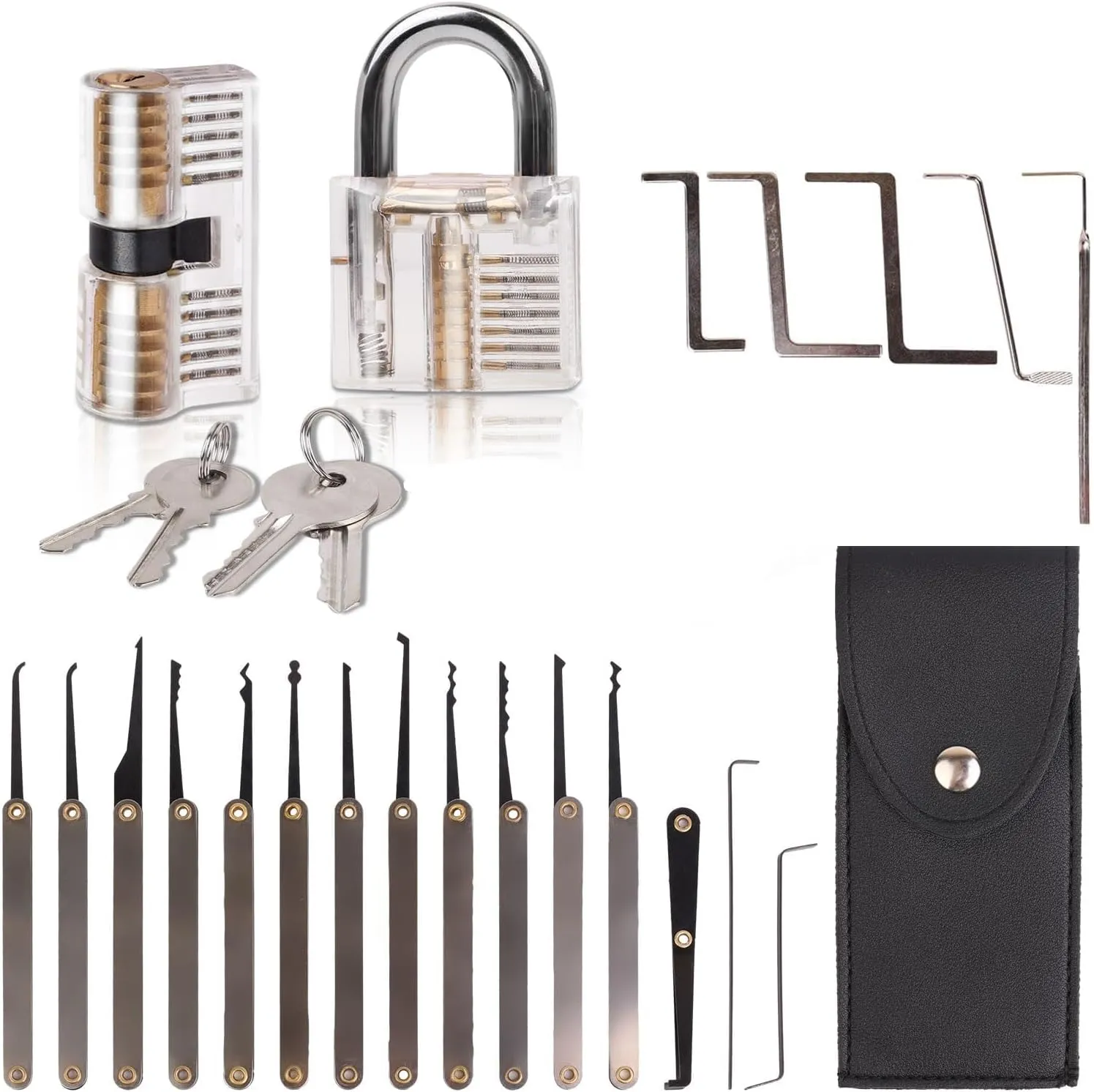 Bild von Lock Picking Set 25-teilig mit zwei transparenten Trainingsschlössern und Handbuch in schwarzer Ledertasche