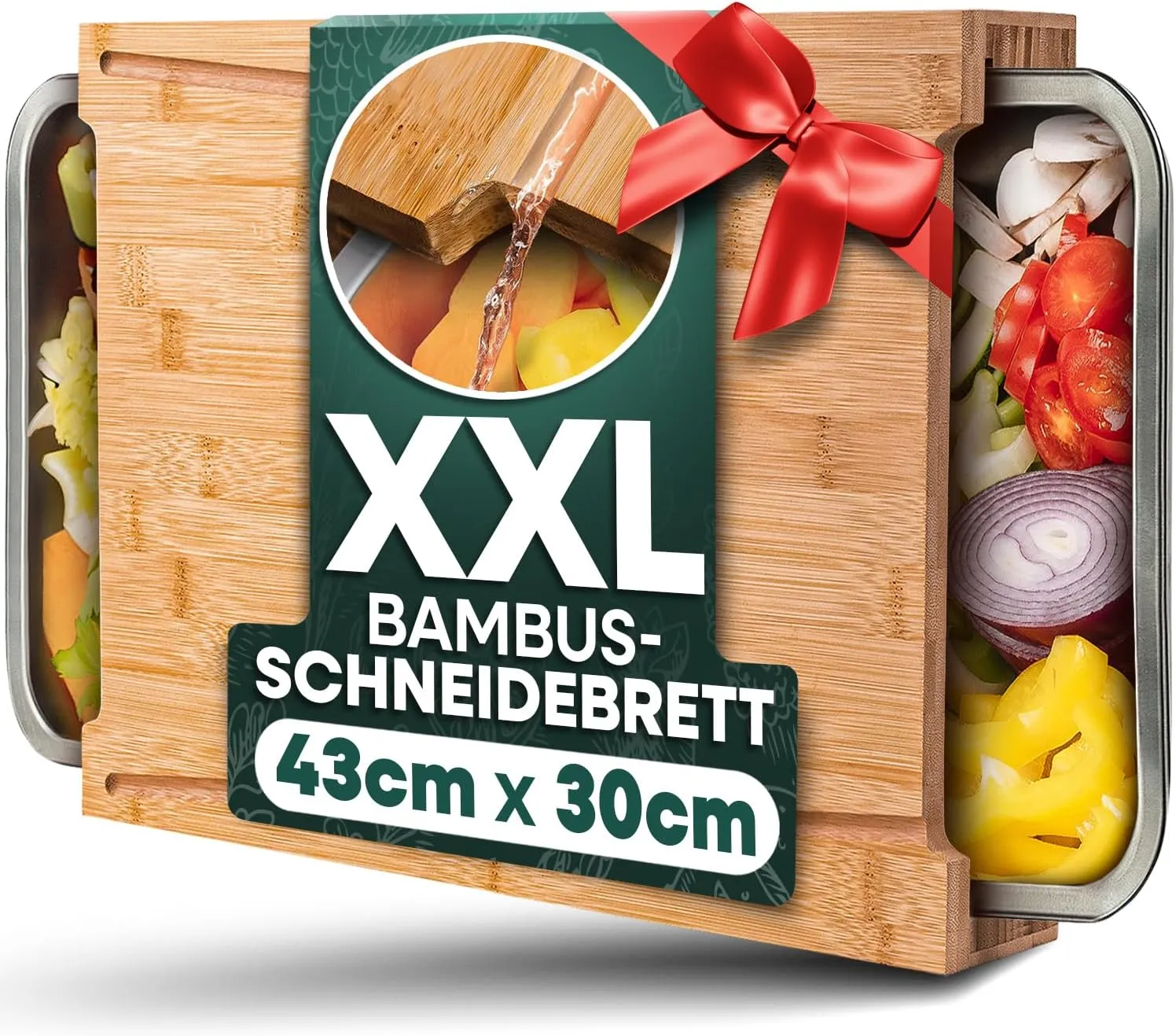 Bild von Loco Bird Holz Schneidebrett mit Edelstahl Auffangschale, großes Küchenbrett aus Bambus