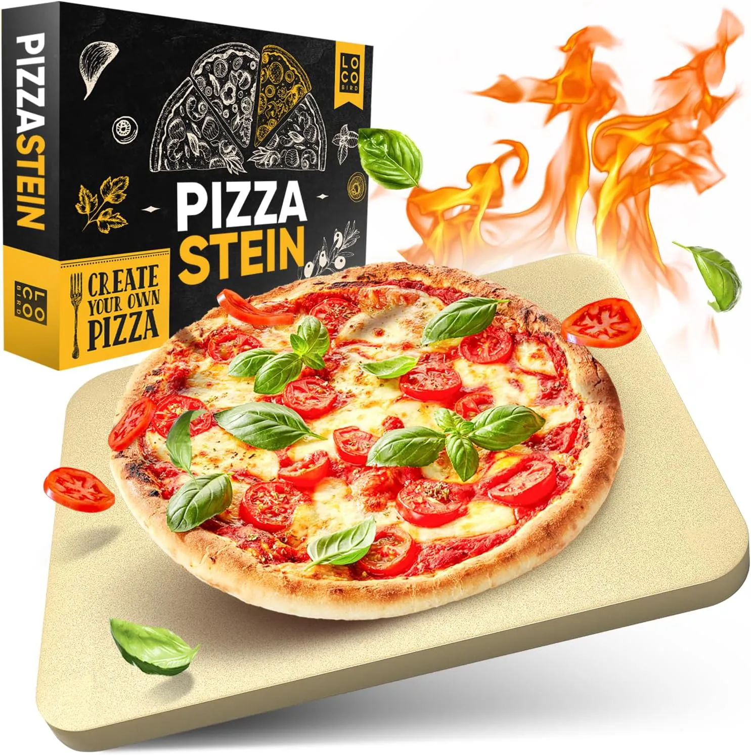 Bild von Loco Bird Pizzastein 38x30cm mit e-Rezeptbuch für knusprige Pizzen im Gasgrill und Backofen