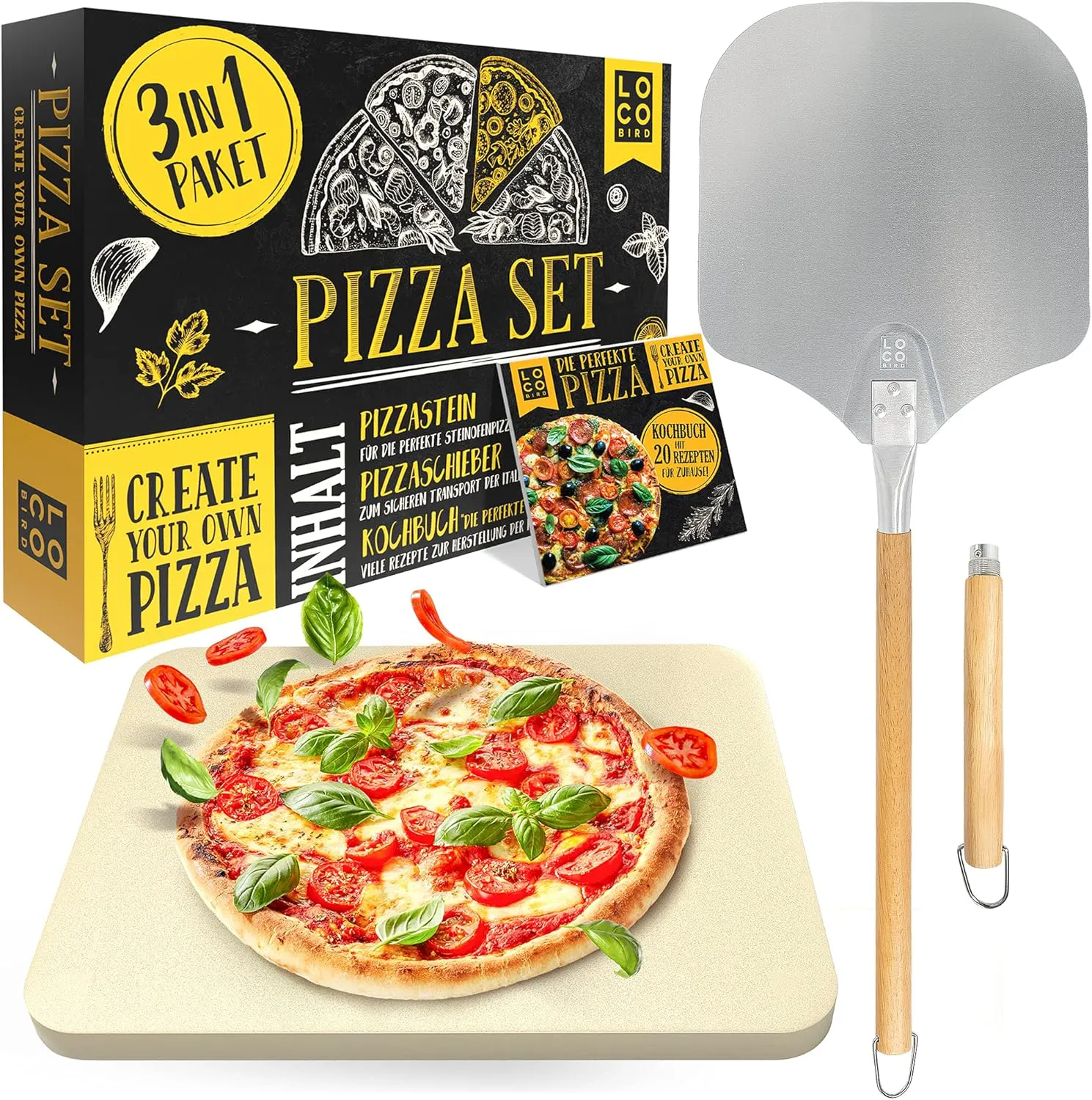 Bild von Loco Bird Pizzastein Set mit 3 Teilen für Backofen und Gasgrill, inklusive Pizzaschieber und Rezeptbuch
