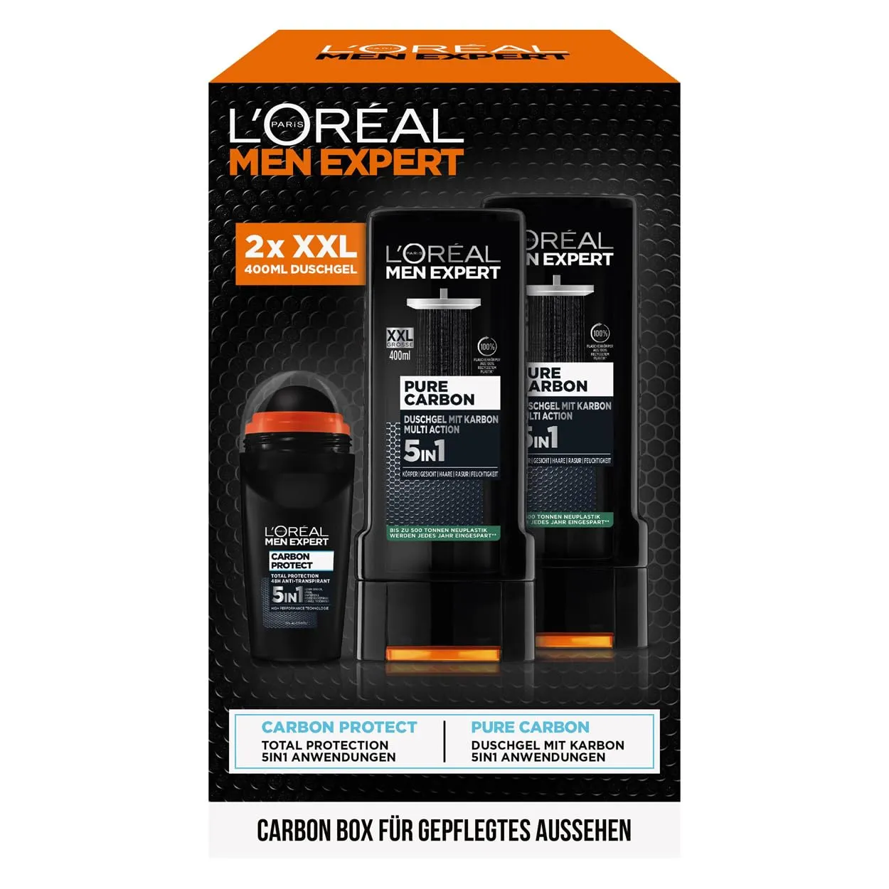 Bild von L'Oréal Men Expert Pflegeset für Männer mit XXL 5-in-1 Duschgel und Deoroller, 2 x 400 ml Duschgel und 50 ml Deo Roll-On mit Karbon