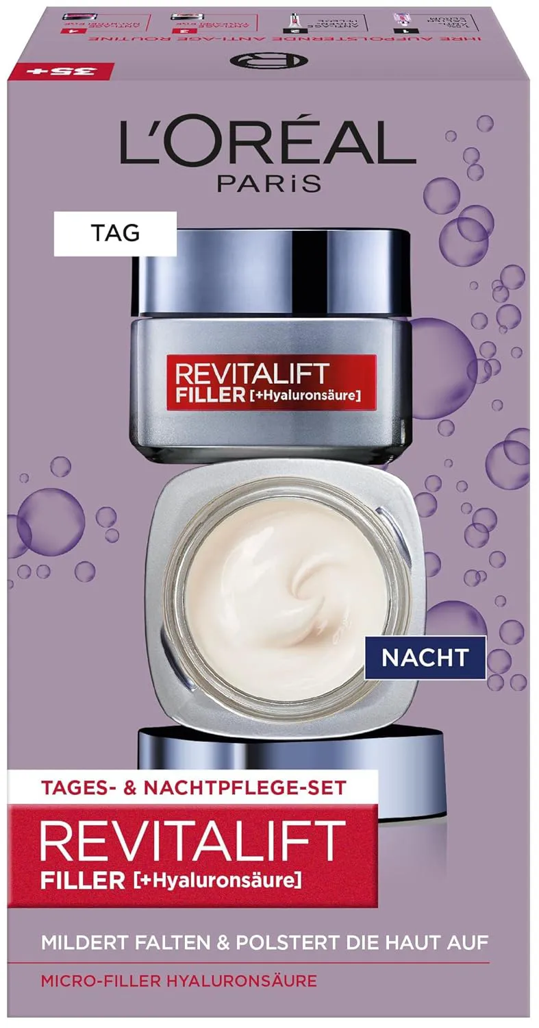 Bild von L'Oréal Paris Gesichtspflege Set mit Anti-Aging Tages- und Nachtpflege, jeweils 50 ml, mit Hyaluronsäure und Micro-Filler