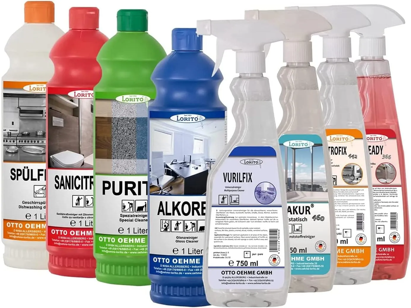 Bild von Lorito Reinigungsmittel Set mit Allzweckreiniger, Spülmittel, Bodenreiniger, Alkoholreiniger, zwei Sanitärreinigern, Fettlöser und Glasreiniger
