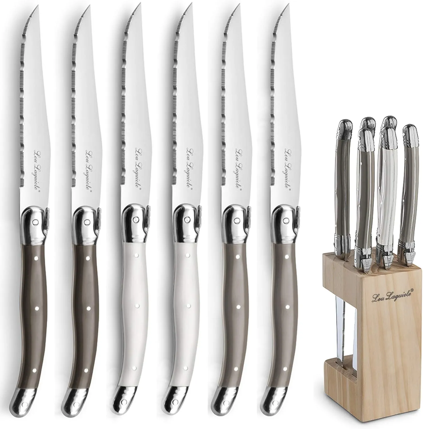 Bild von Lou Laguiole Steakmesser Set mit 6 Messern in Pfeffer, Perle und Taupe mit Wellenschliff