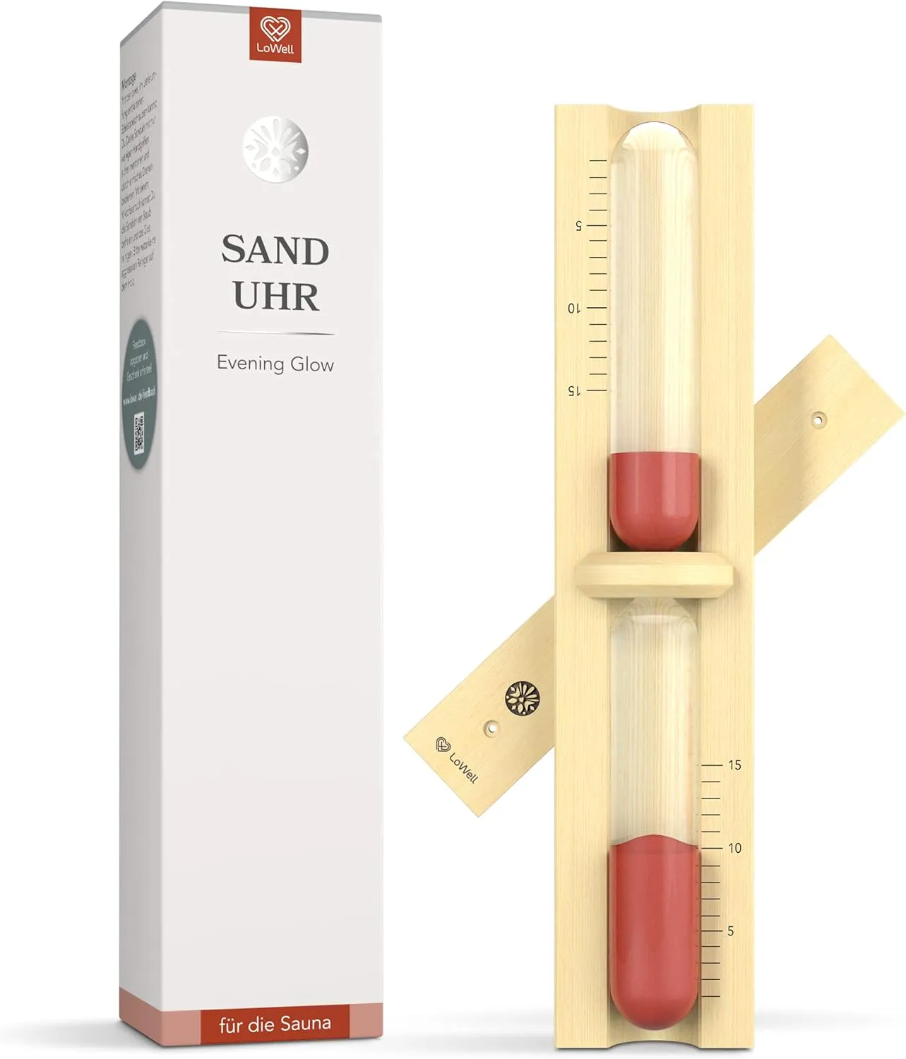 Bild von LoWell Sauna Sanduhr mit rotem Sand aus Eschenholz, 15 Minuten, robust und hitzebeständig