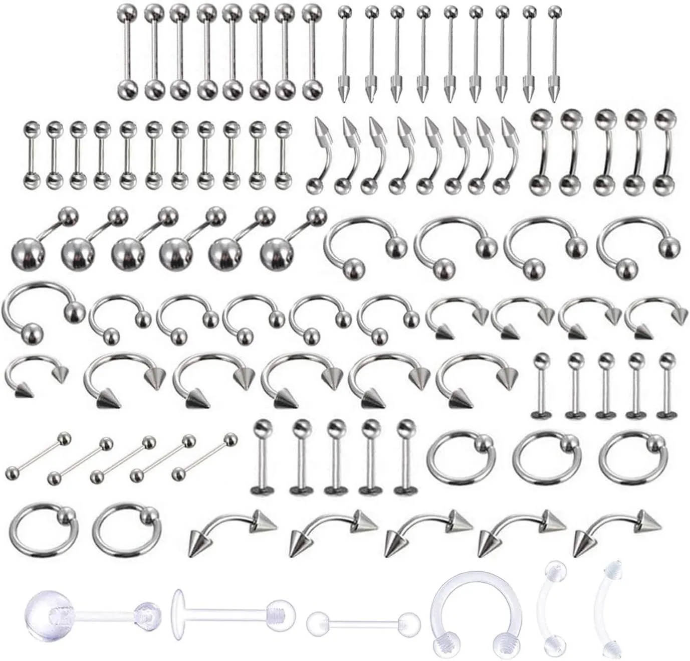 Bild von LuLyL 92 perforierte Edelstahl Nabelringe Set mit 16 Arten und 6 transparenten Ringen für Körper, Nase, Ohren, Lippen, Augenbrauen und Knorpel