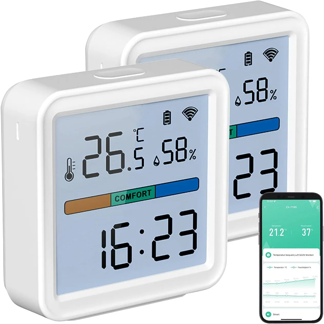Bild von Luminea Home Control 2er-Set WLAN Thermometer und Luftfeuchtigkeitssensor