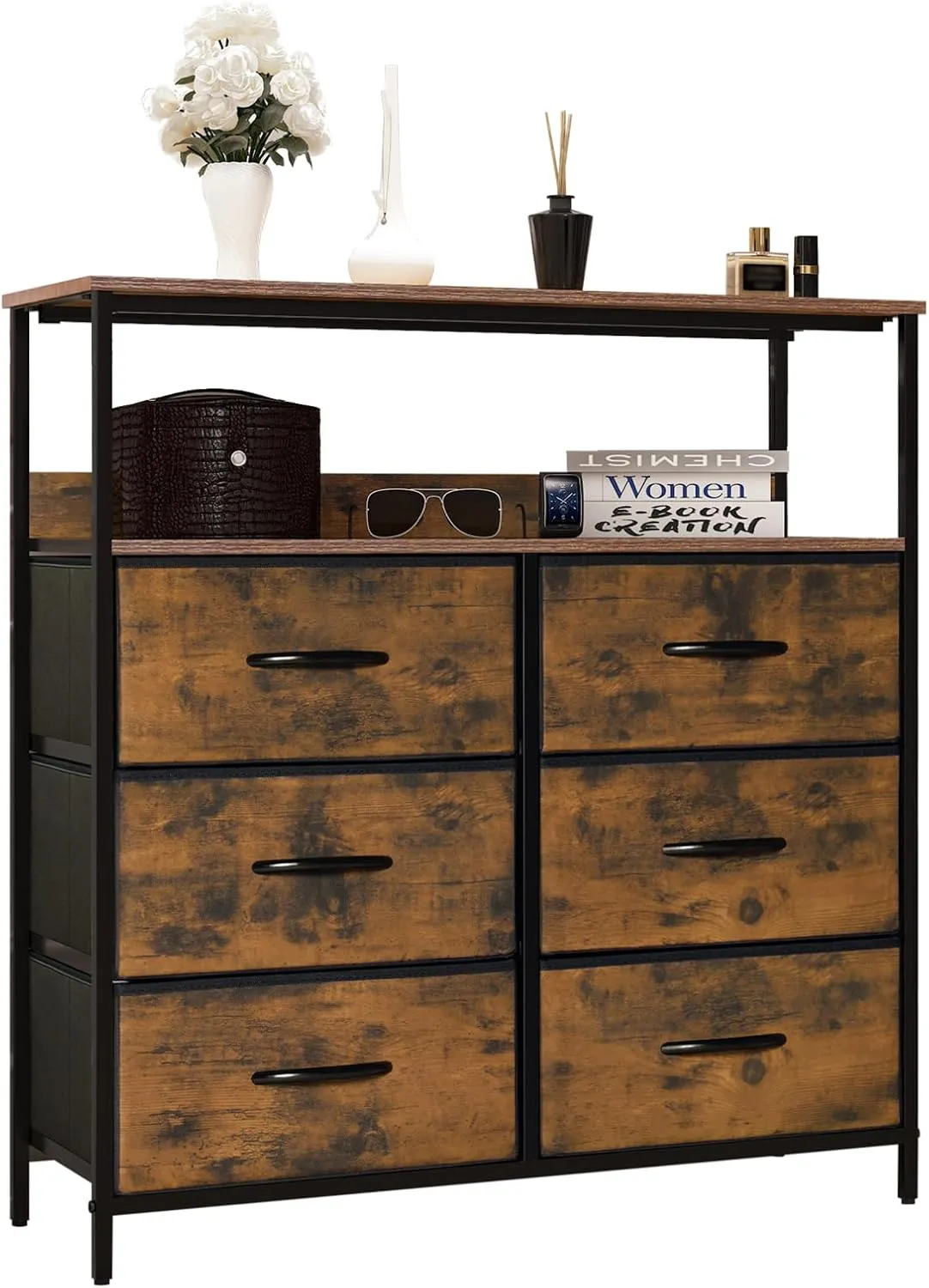 Bild von LYNCOHOME Kommode mit 6 Stoffschubladen und Fächern für Flur, Küche, Büro und Schlafzimmer